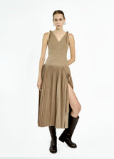 Brown Knotted Shoulder Pleated Dress
