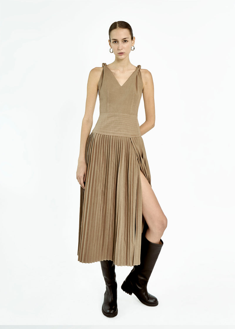 Brown Knotted Shoulder Pleated Dress