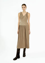 Brown Knotted Shoulder Pleated Dress