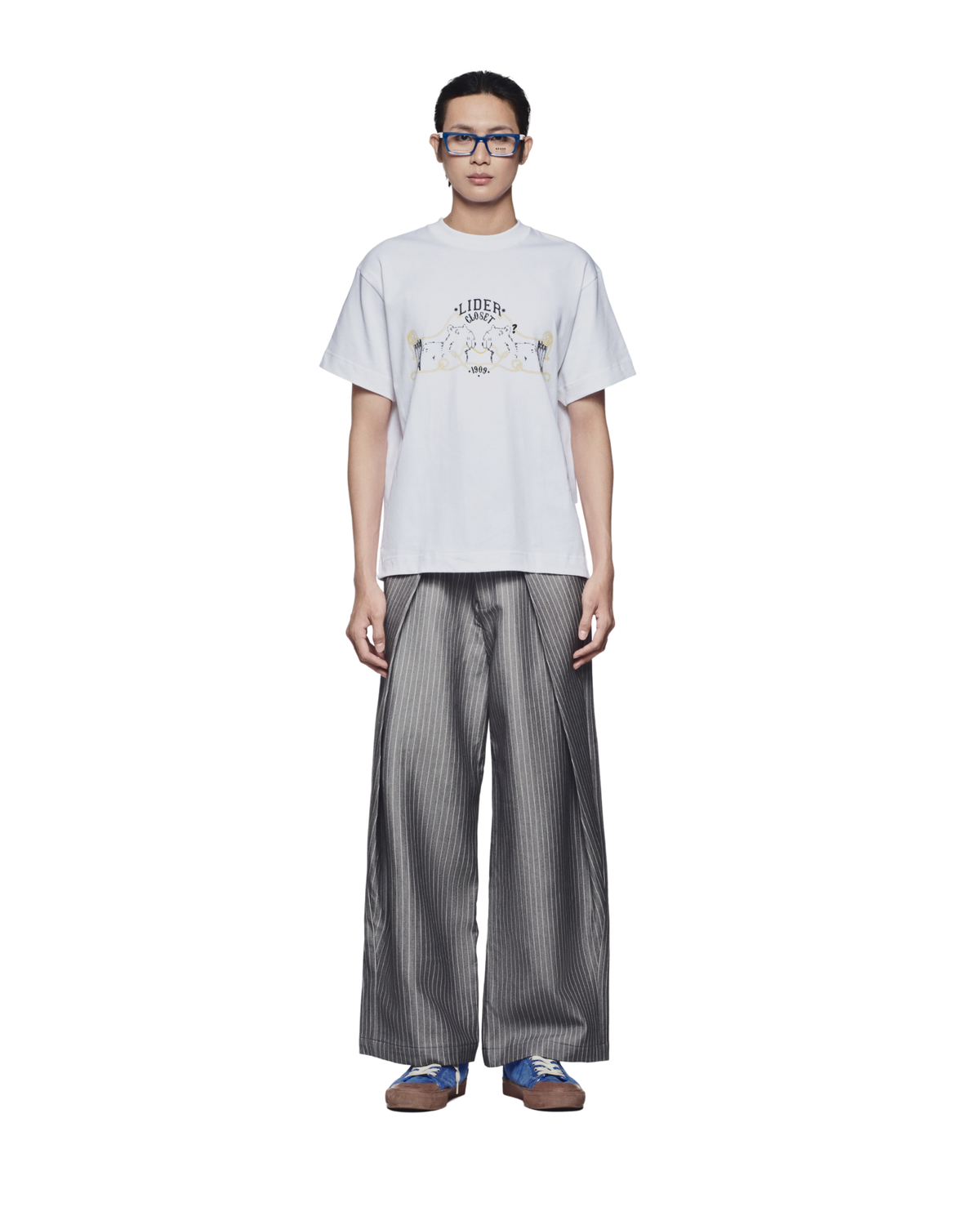 STRIPED GREY ROLLING WIDE-LEG TROUSERS