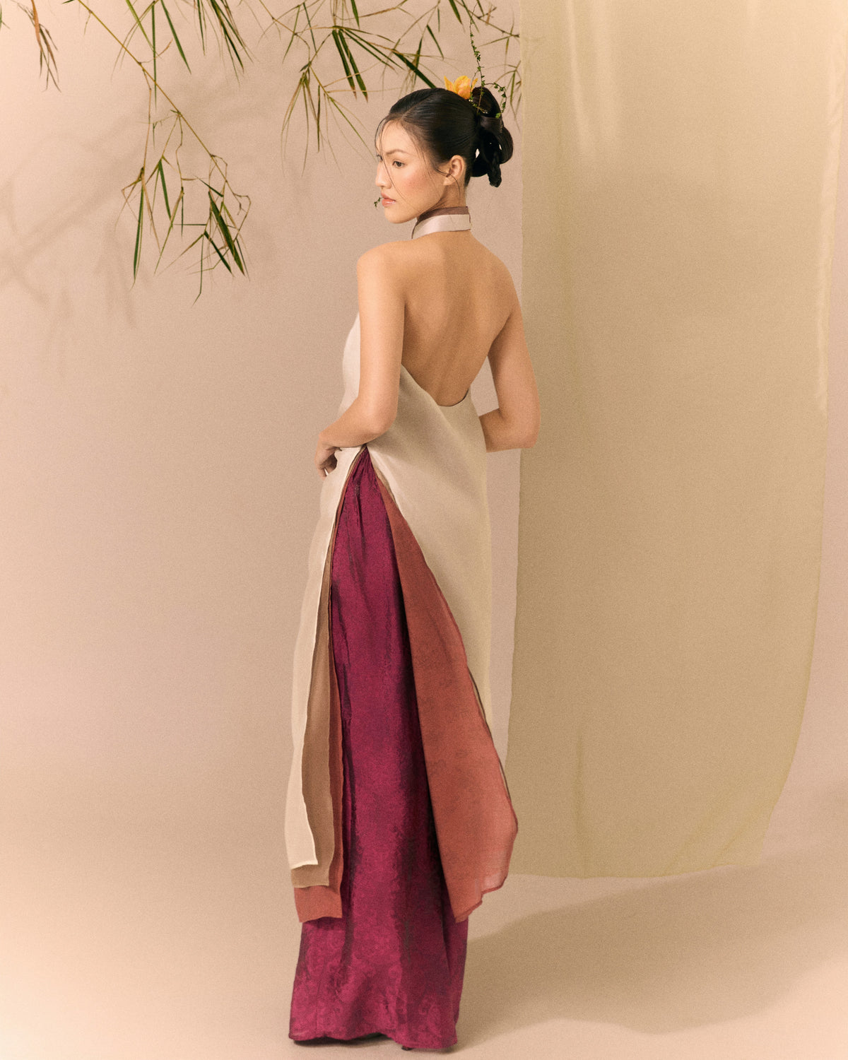 Cream Warm Brown Betel Red Ao dai Thieu Quang