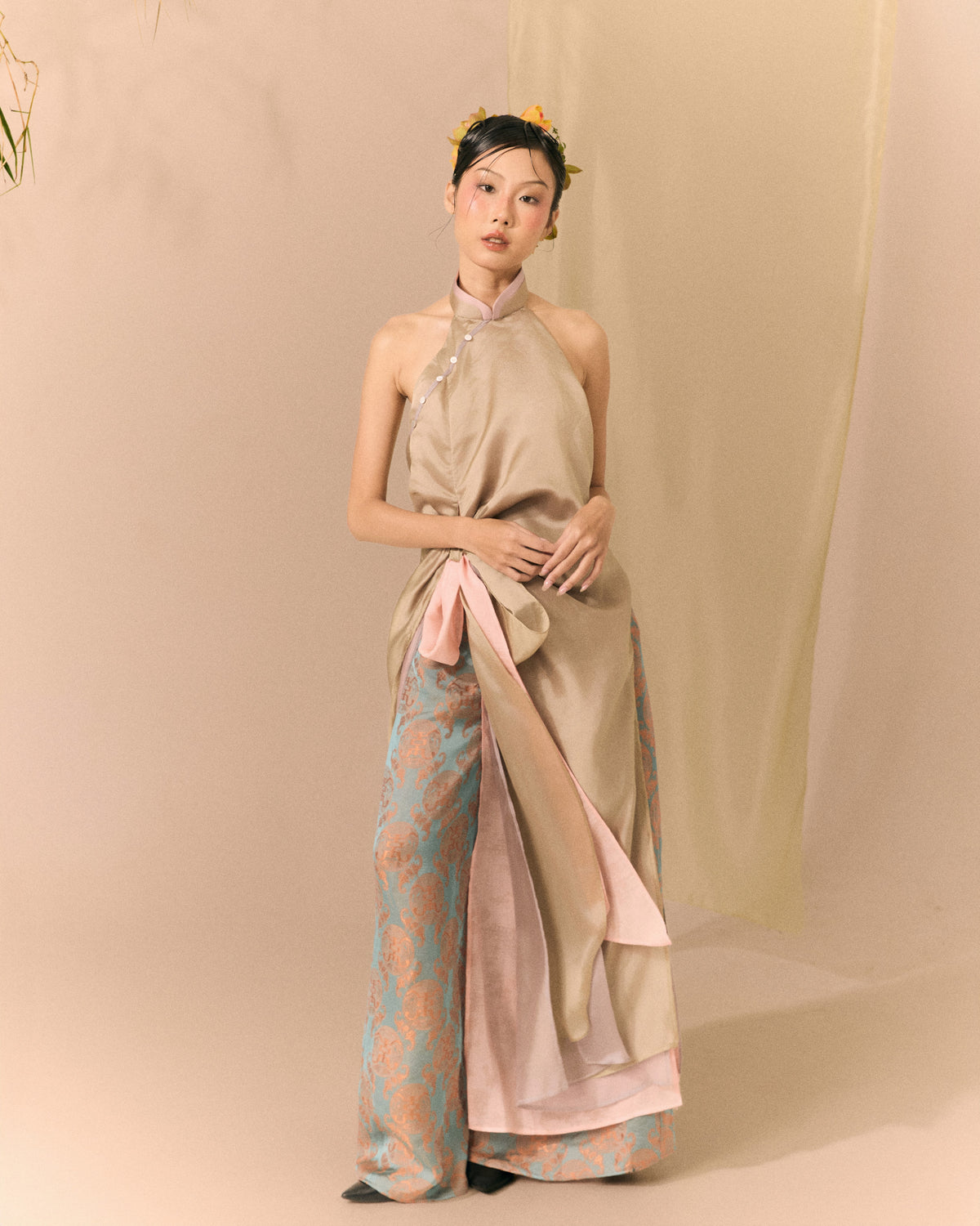 Turquoise Orange Lam Thuy Silk Wide-leg Pants