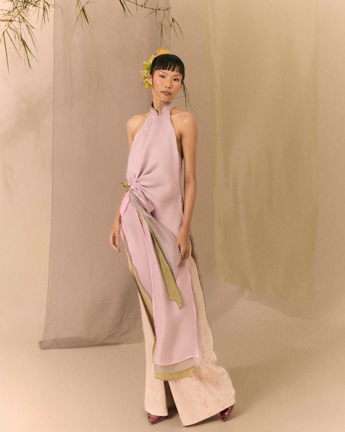 Blush Pink Violet Grey Bean Green Ao dai Thieu Quang