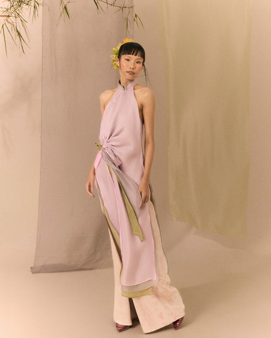 Blush Pink Violet Grey Bean Green Ao dai Thieu Quang