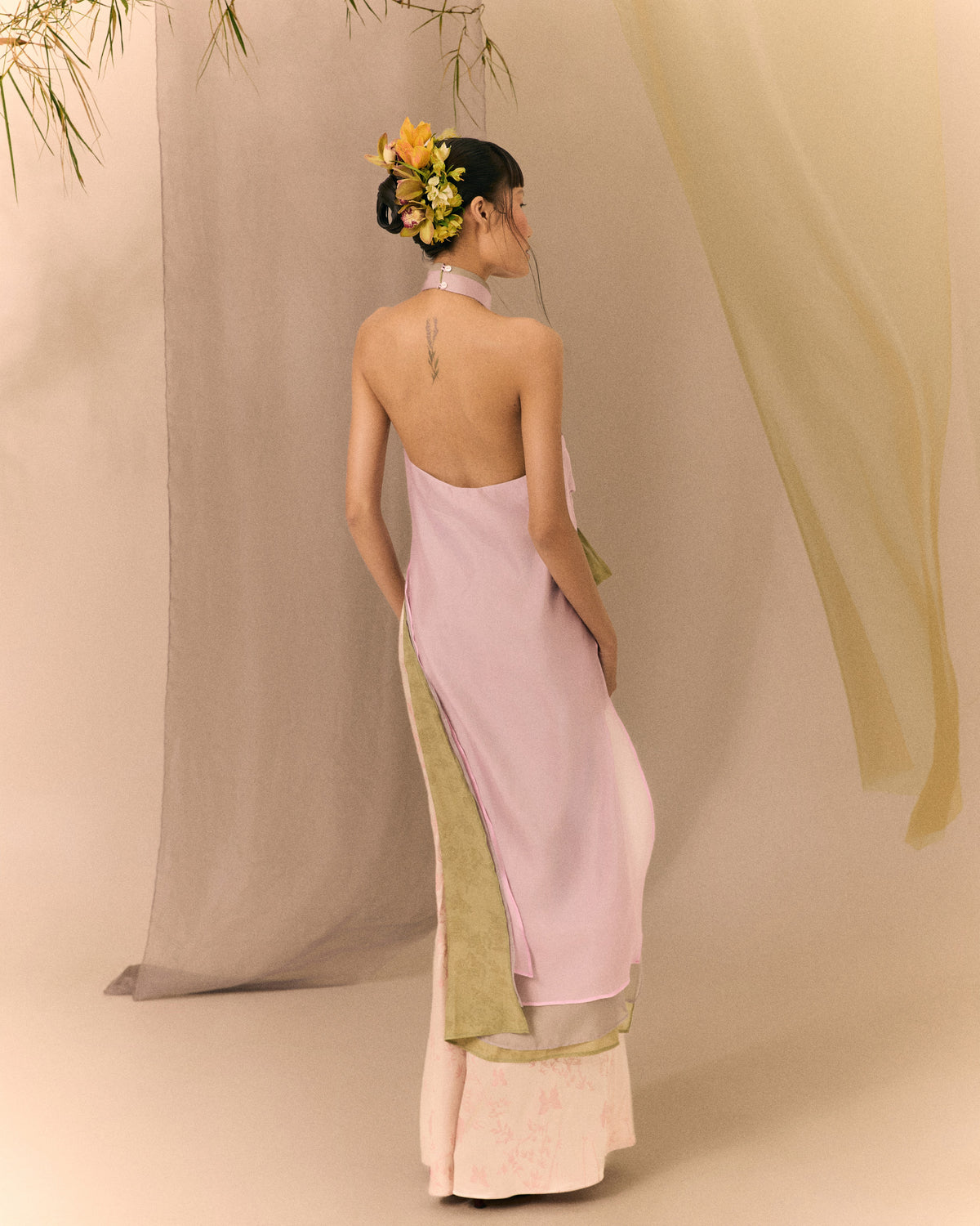Blush Pink Violet Grey Bean Green Ao dai Thieu Quang