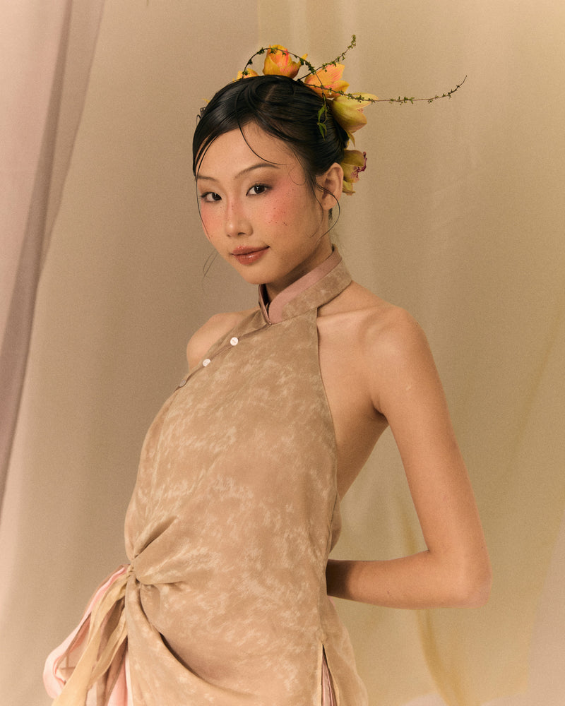 Marbled Brown Chestnut Coral Ao dai Thieu Quang