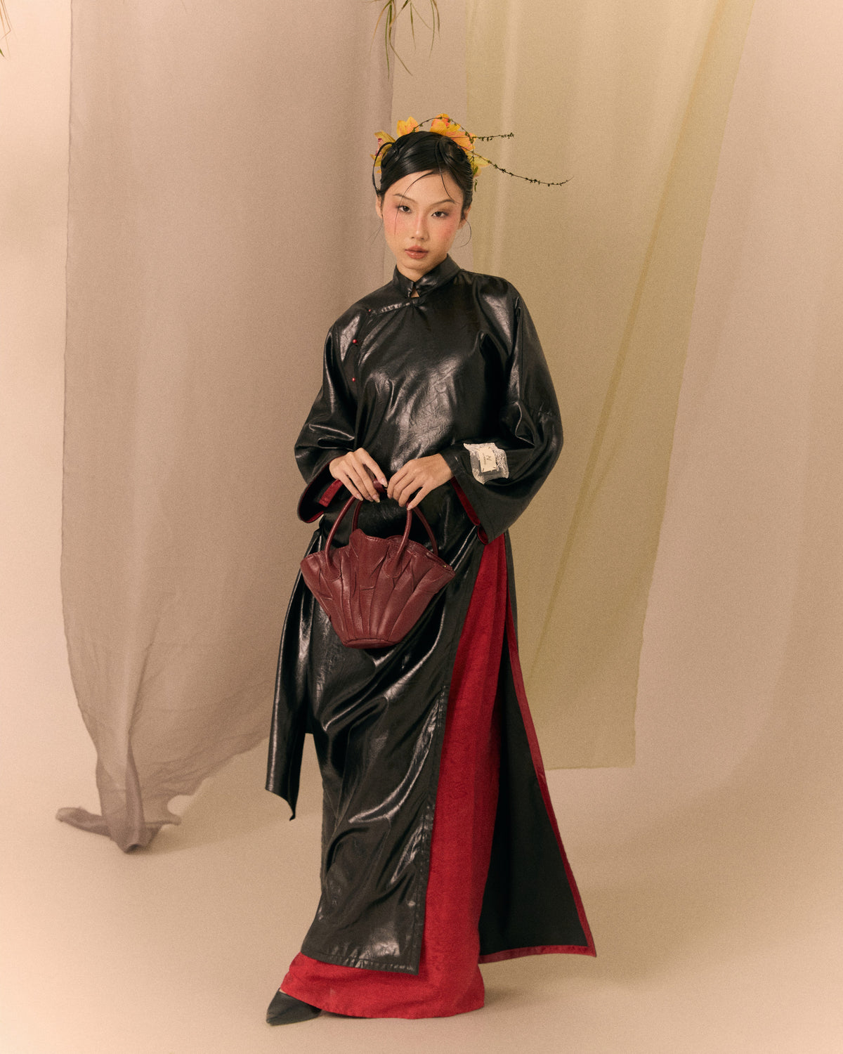 Bright Burgundy Lam Thuy Silk Wide-leg Pants
