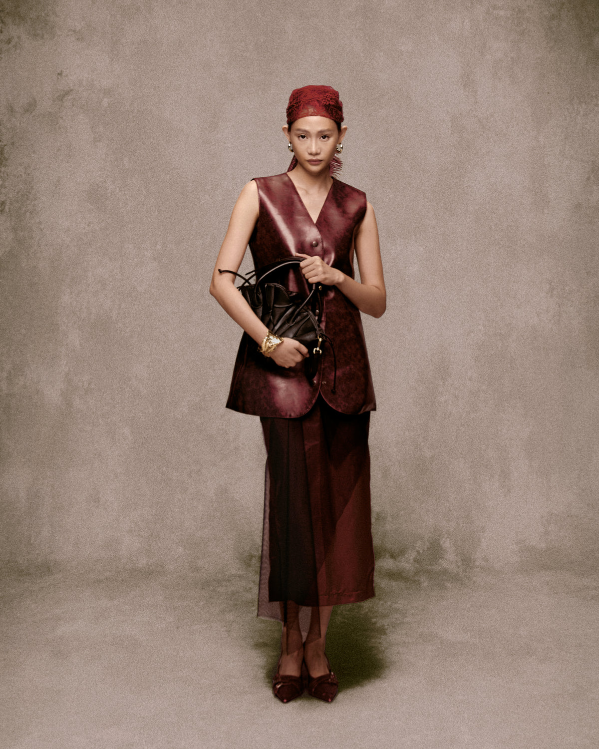 Deep Red Ch??ng D??ng Leather AN HERITAGE ASTOUDGilet 