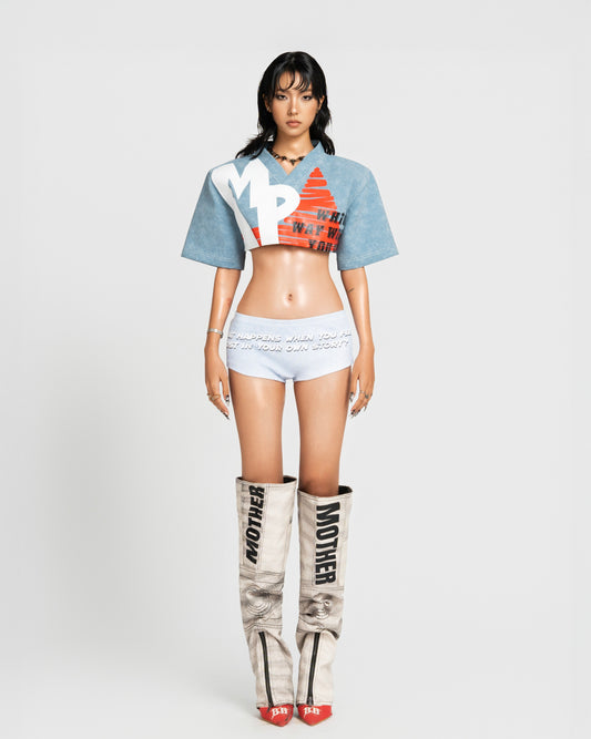 Map Faux Cropped Top - Blue