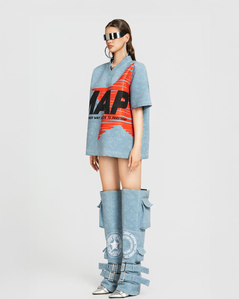 MAP FAUX OVERSIZED TOP - BLUE
