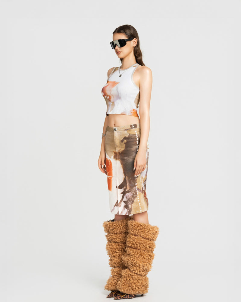 MAP FACE PRINTED CROPPED TOP - BROWN