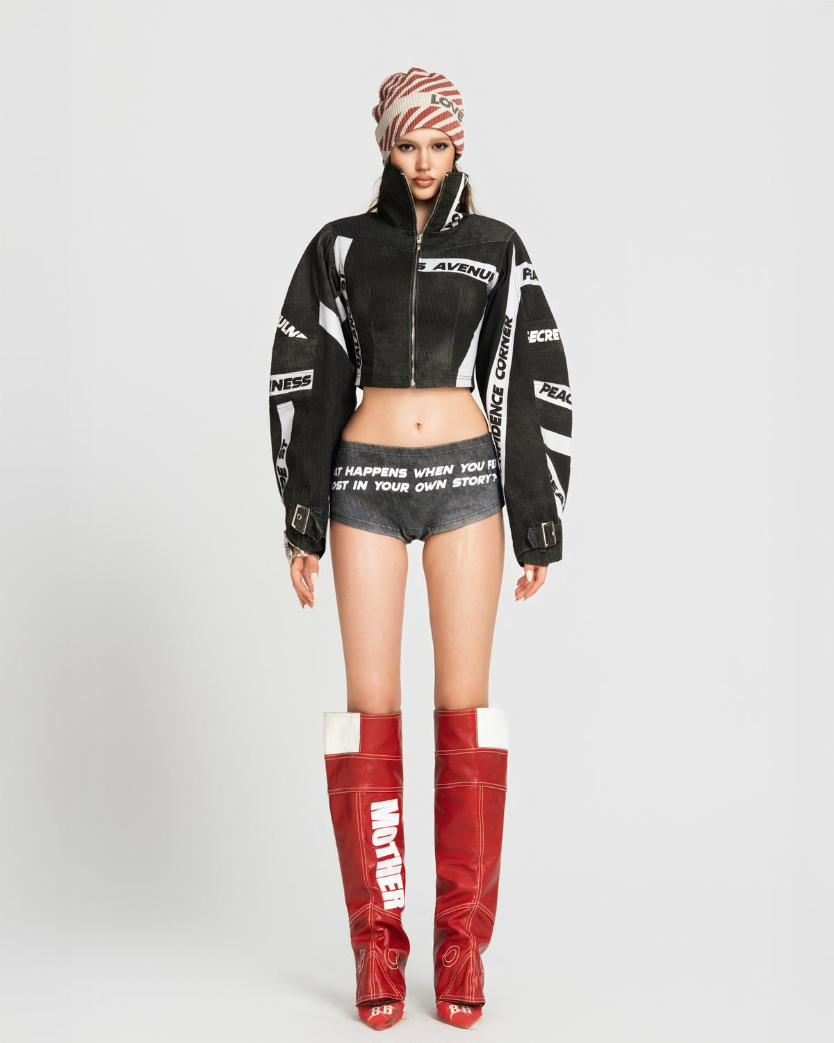 MAP HIGH NECK CROPPED JACKET - BLACK
