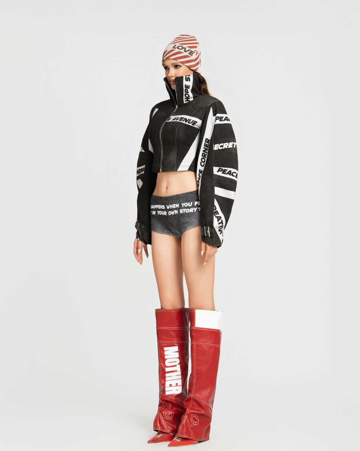 MAP HIGH NECK CROPPED JACKET - BLACK