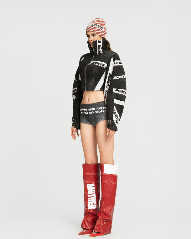 MAP HIGH NECK CROPPED JACKET - BLACK