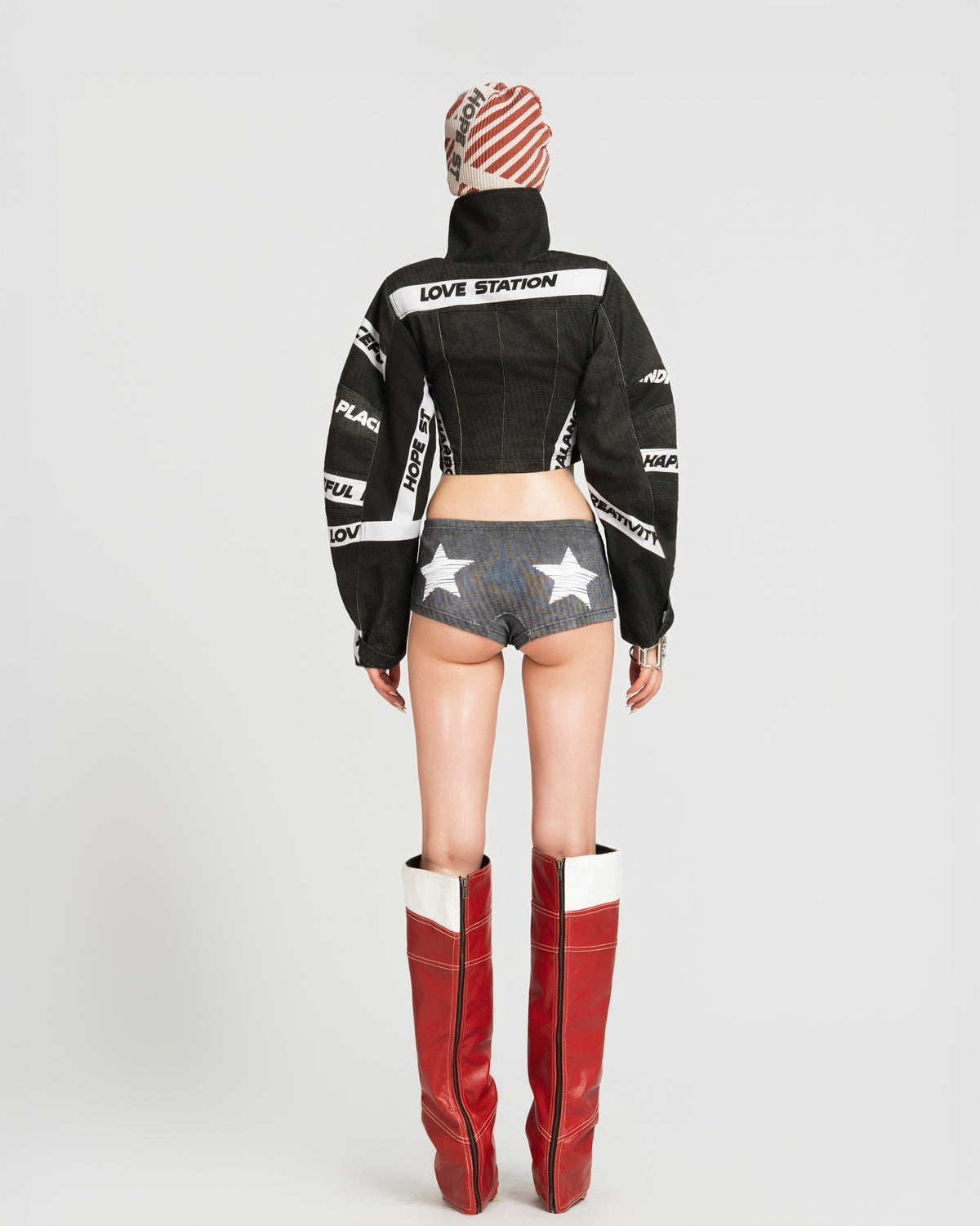MAP HIGH NECK CROPPED JACKET - BLACK