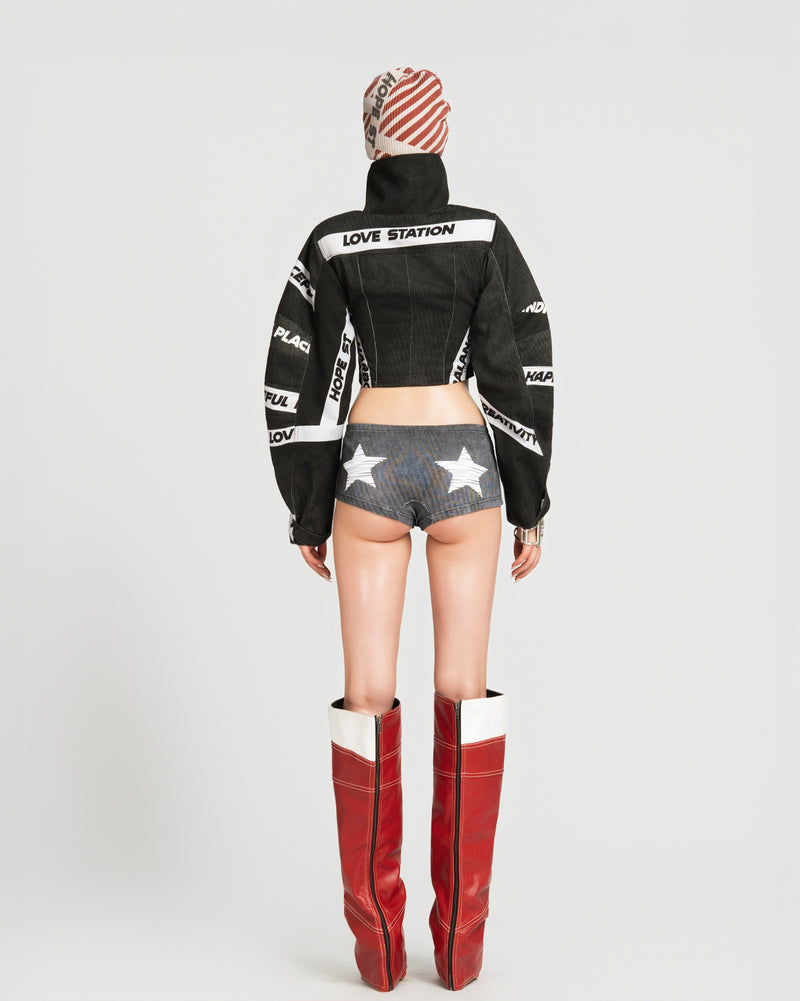 MAP HIGH NECK CROPPED JACKET - BLACK