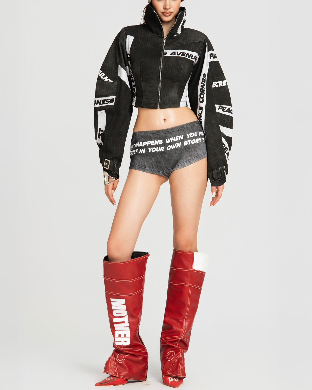 MAP HIGH NECK CROPPED JACKET - BLACK