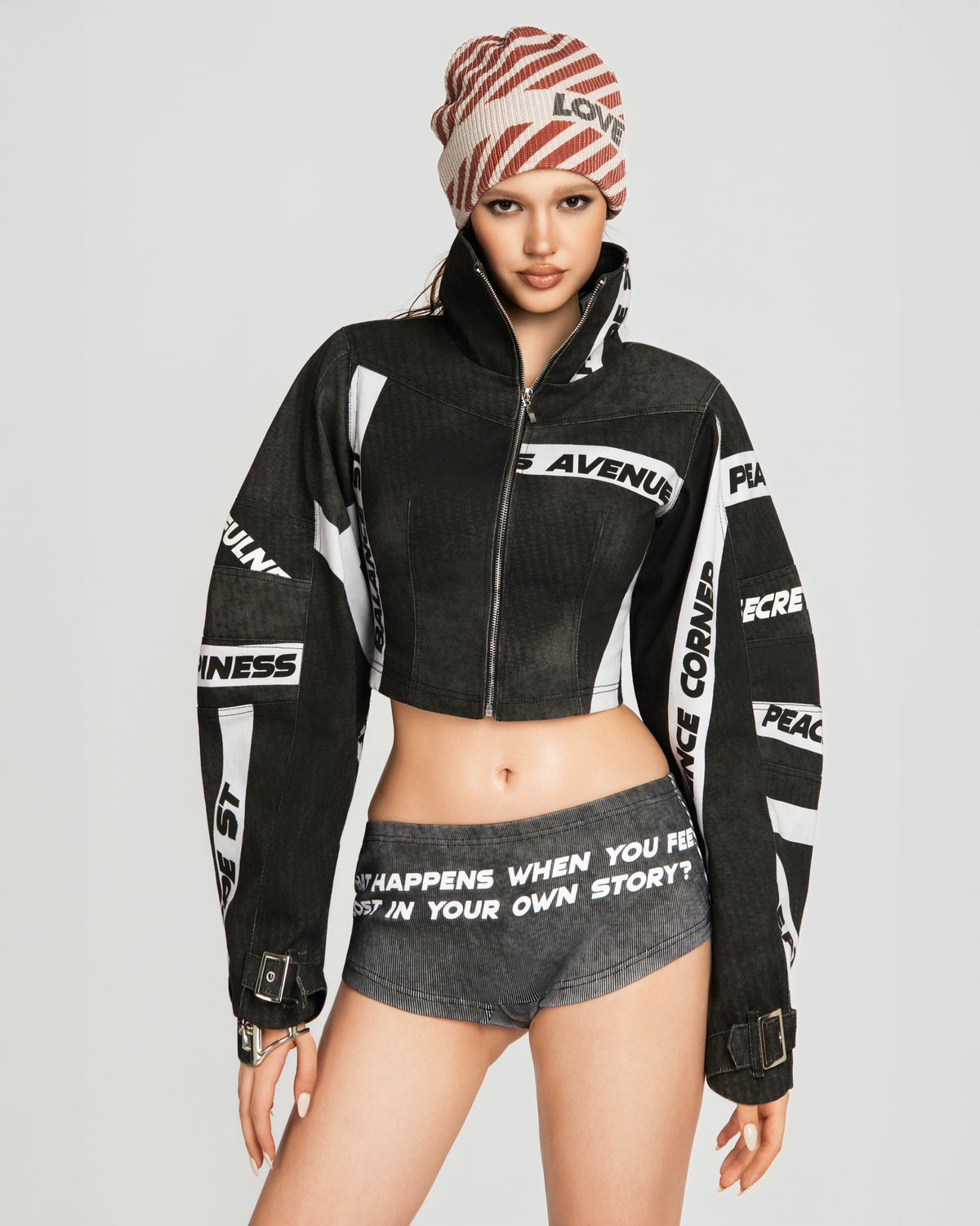 MAP HIGH NECK CROPPED JACKET - BLACK