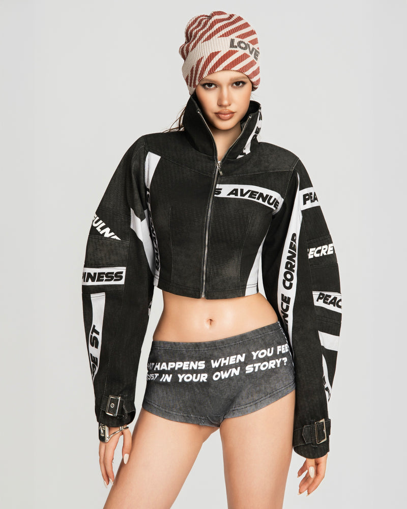MAP HIGH NECK CROPPED JACKET - BLACK