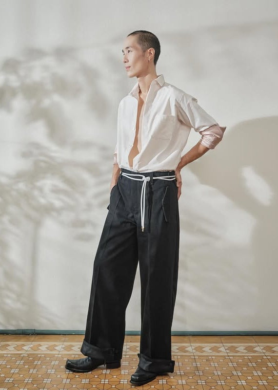 Black Denim Pleated Trousers