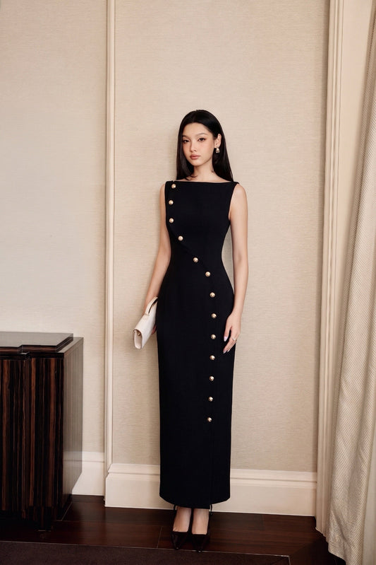 BLACK ECCENTRIC BUTTONS DRESS