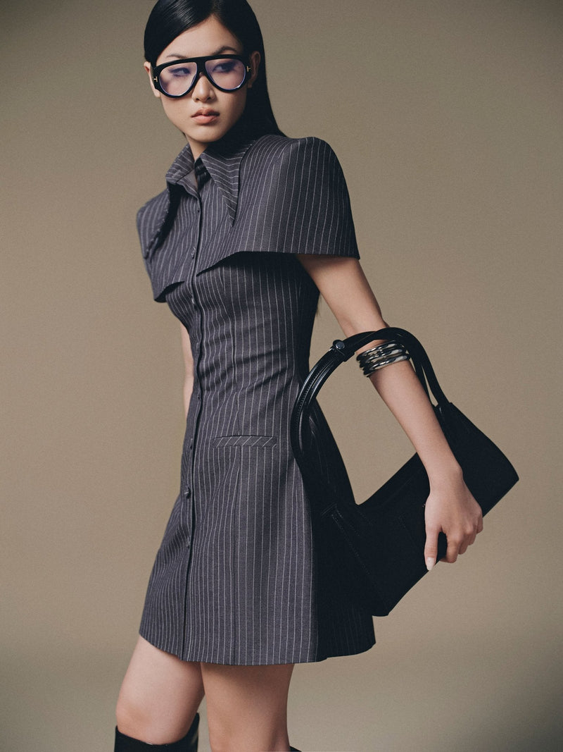 GREY STRIPPED MINI SHIRT DRESS