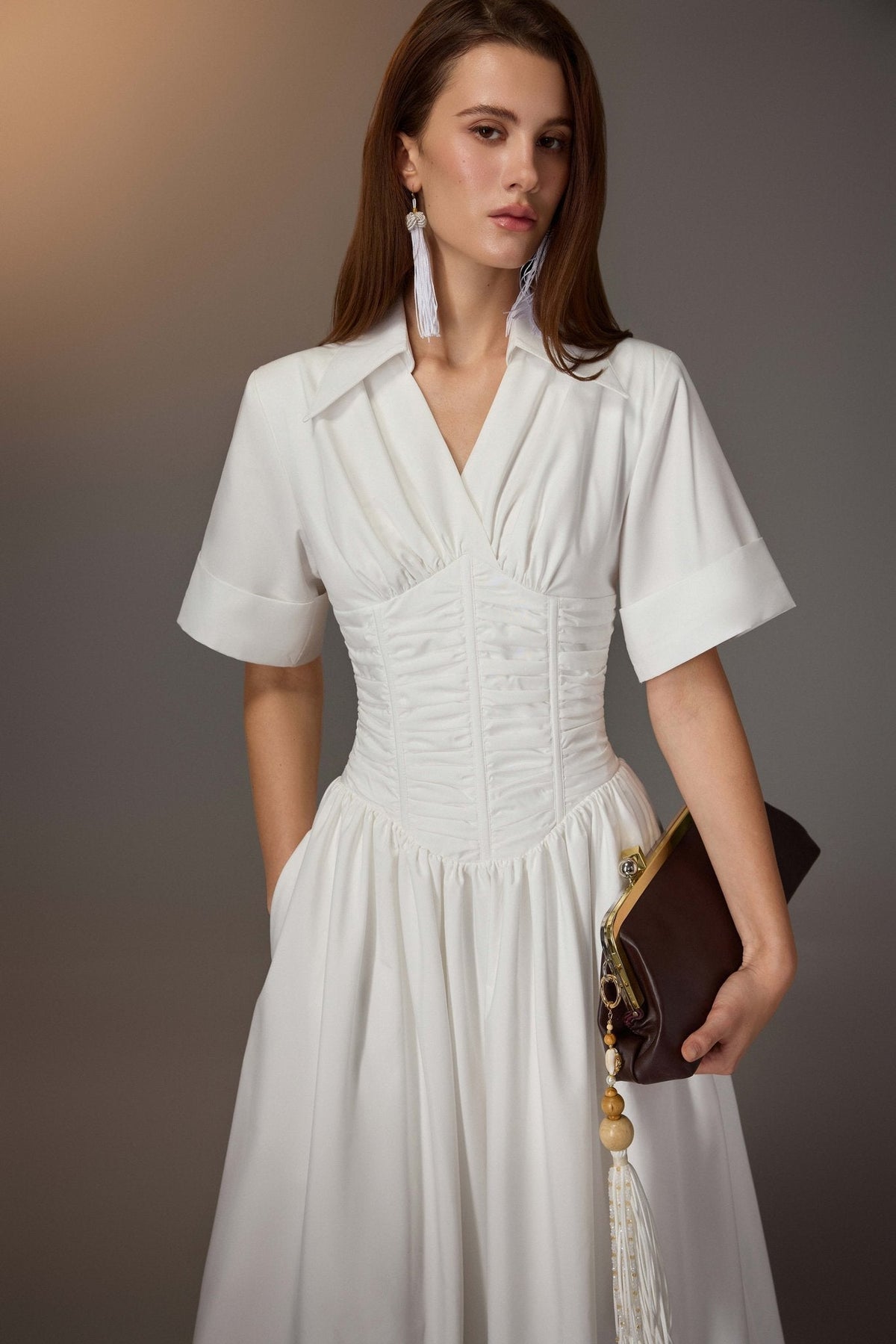 WHITE RUCHING SHIRT DRESS