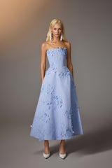 BLUE FLORAL EMBROIDERED CORSET DRESS
