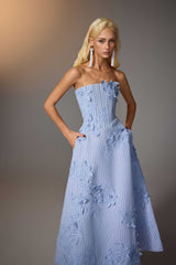 BLUE FLORAL EMBROIDERED CORSET DRESS