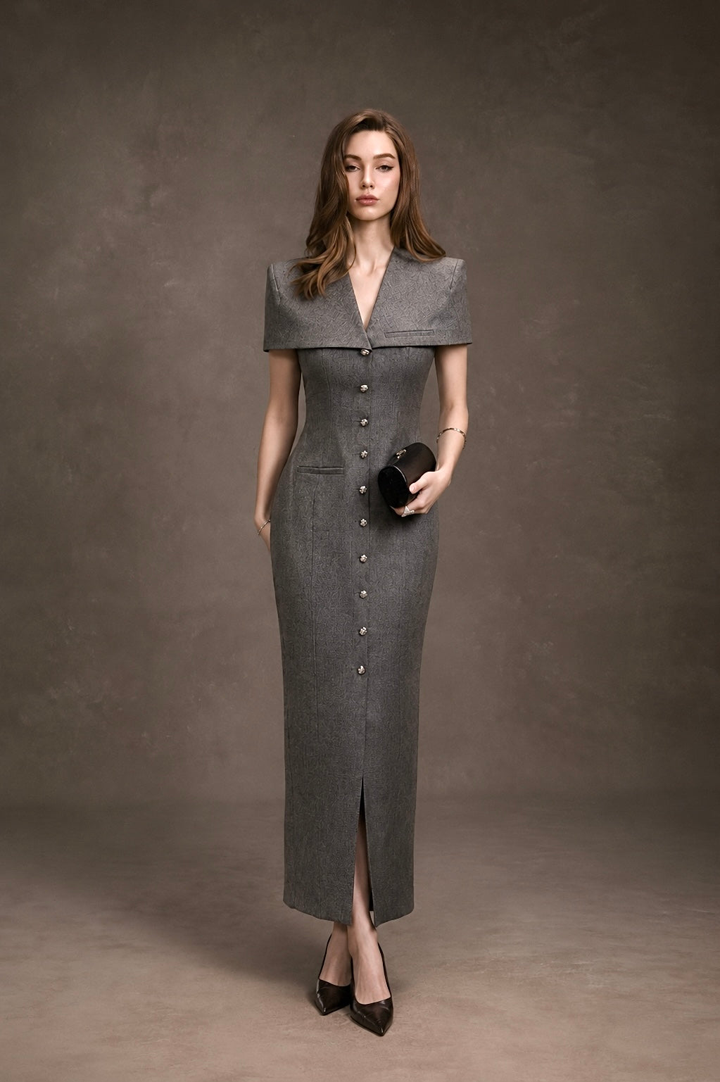 GRAY CAPE BUTTONS DRESS
