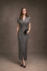 GRAY CAPE BUTTONS DRESS