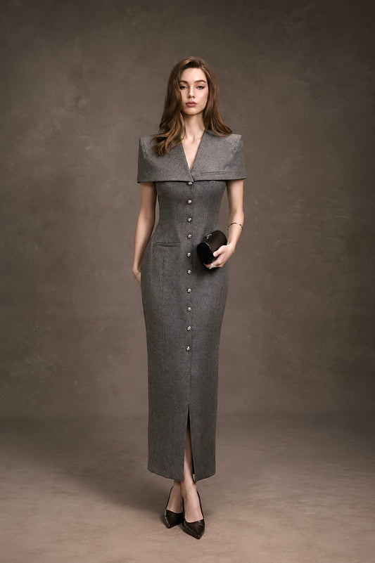 GRAY CAPE BUTTONS DRESS
