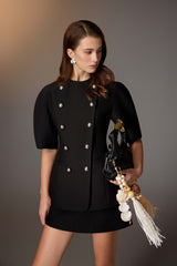 BLACK PUFF-SLEEVE BUTTON BLAZER