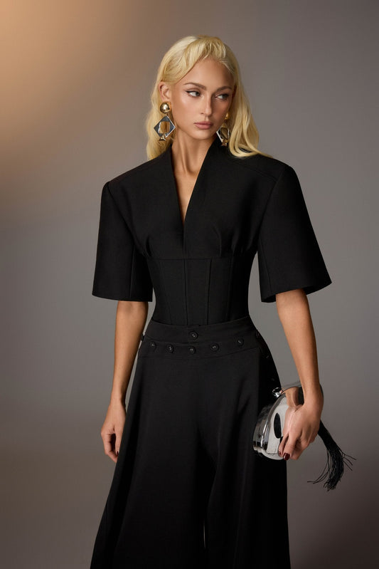 BLACK PUFF-SLEEVE CORSET TOP