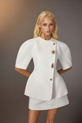 WHITE PUFF-SLEEVE BUTTON BLAZER