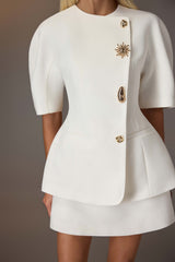 WHITE PUFF-SLEEVE BUTTON BLAZER