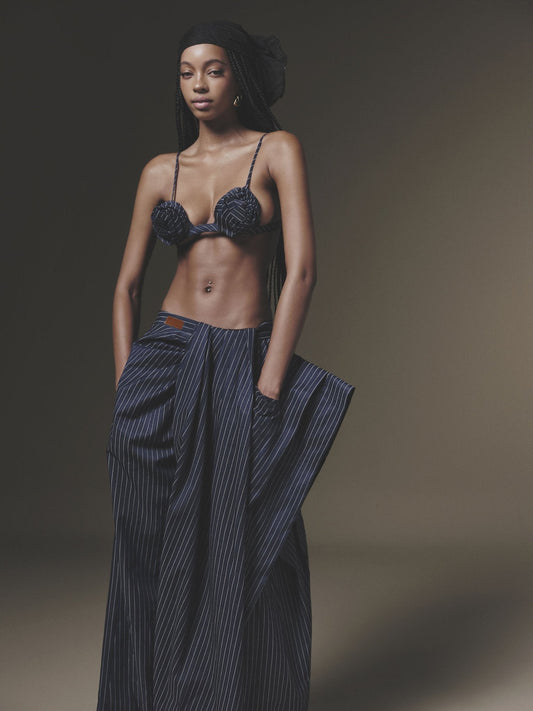 BLUE OVERLAID PLEATED PANT
