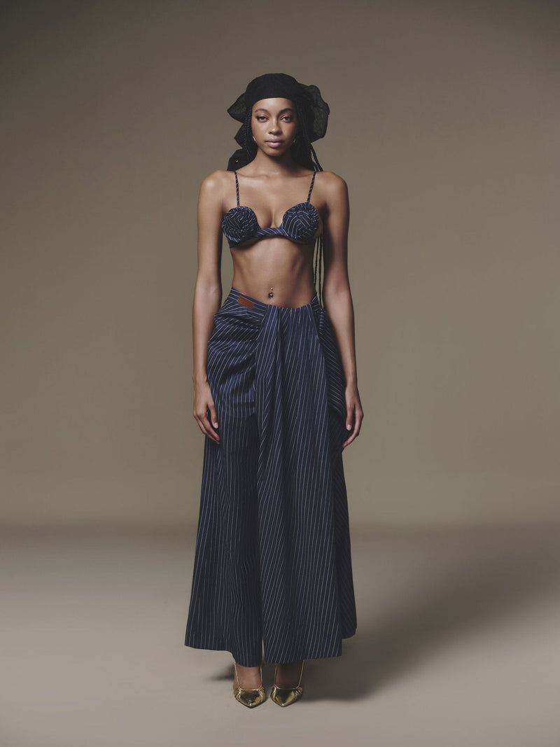 BLUE OVERLAID PLEATED PANT