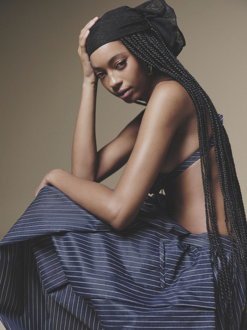 BLUE OVERLAID PLEATED PANT