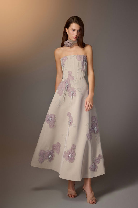 BEIGE FLORAL EMBROIDERED CORSET DRESS