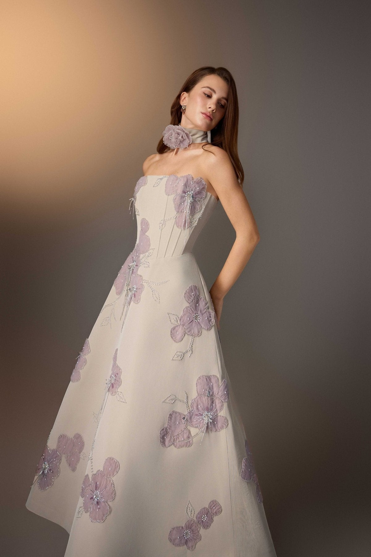 BEIGE FLORAL EMBROIDERED CORSET DRESS