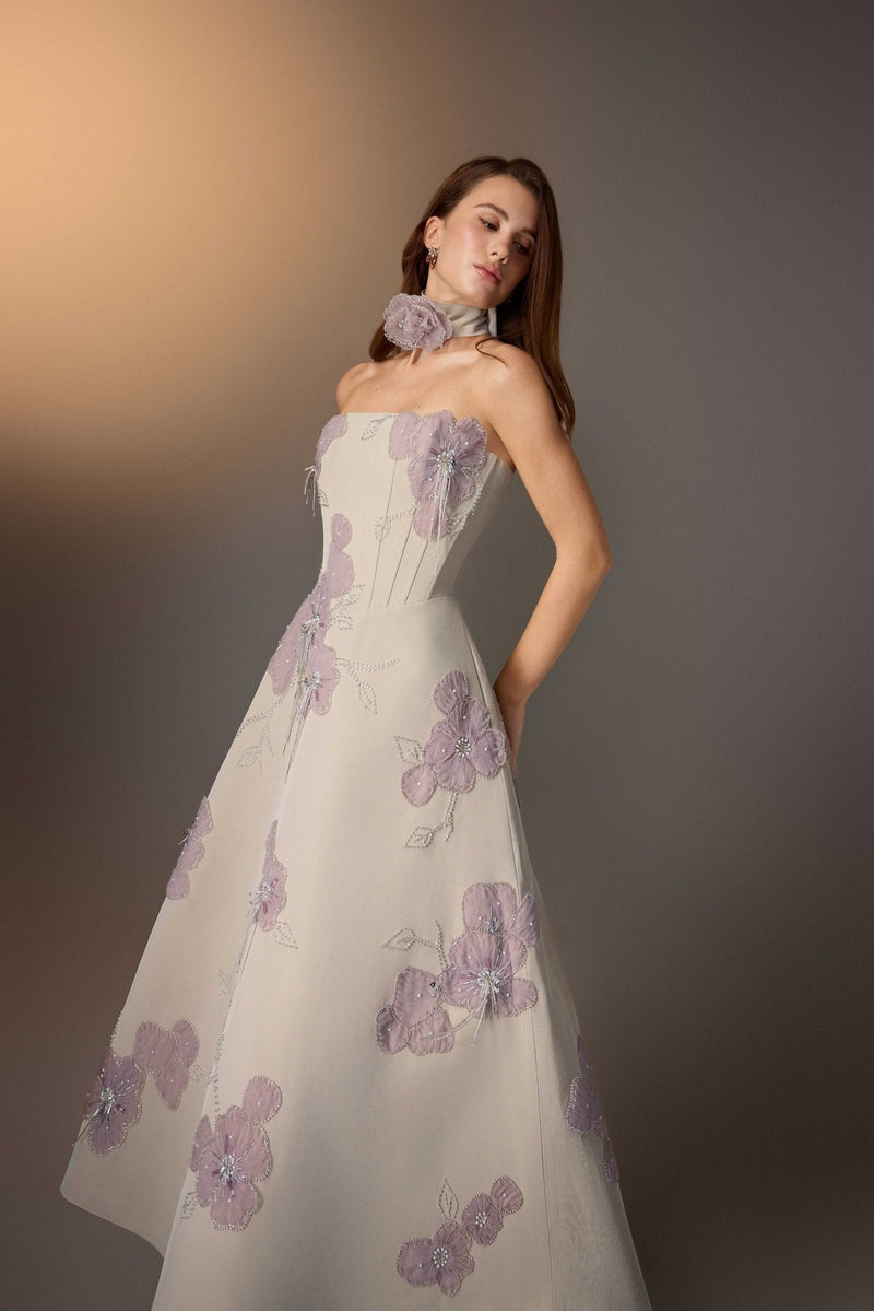 BEIGE FLORAL EMBROIDERED CORSET DRESS