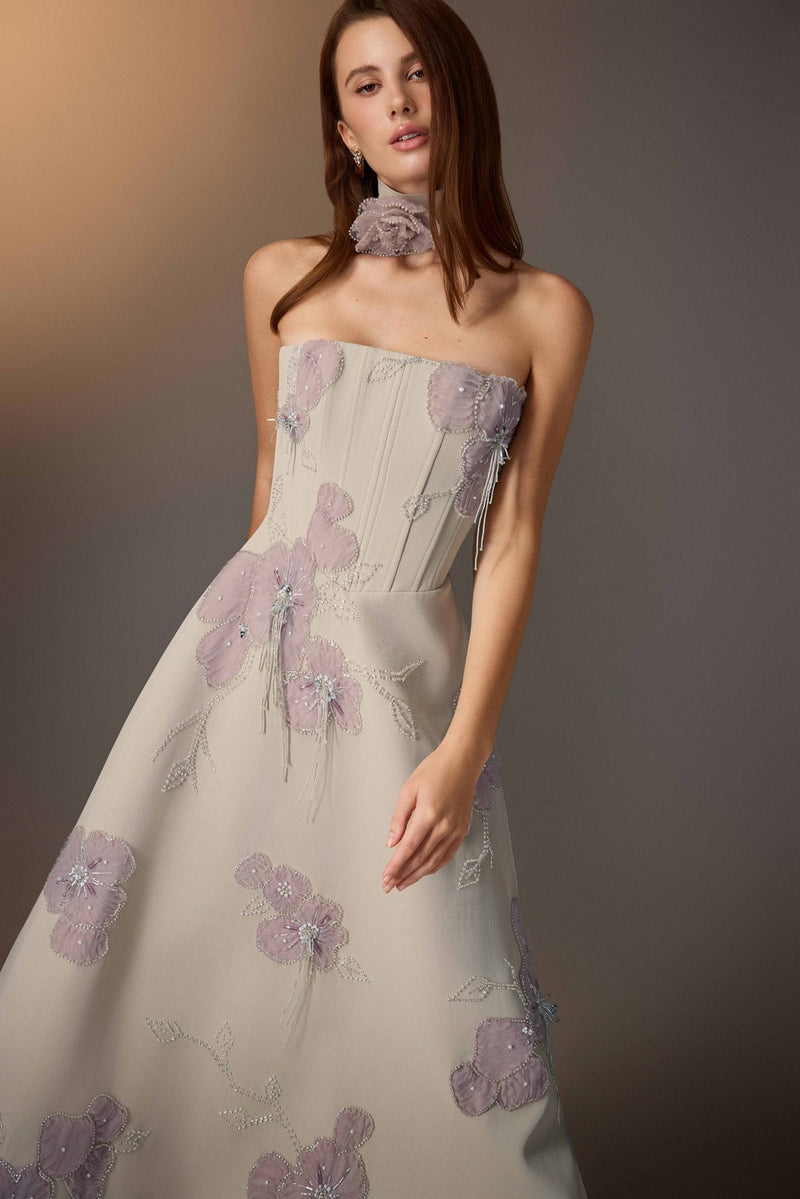BEIGE FLORAL EMBROIDERED CORSET DRESS
