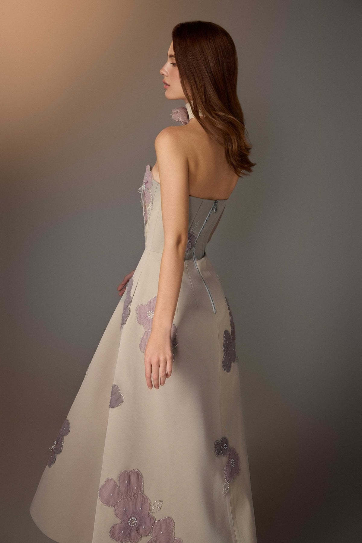 BEIGE FLORAL EMBROIDERED CORSET DRESS