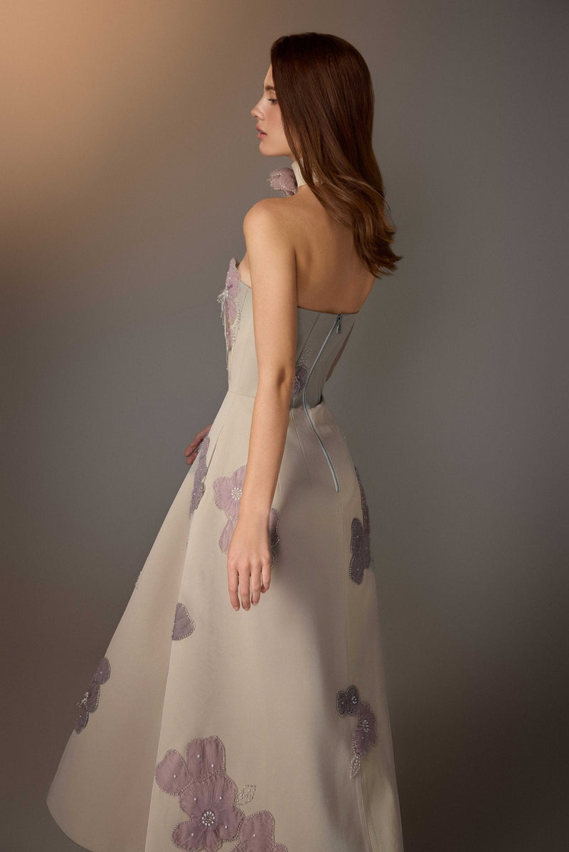 BEIGE FLORAL EMBROIDERED CORSET DRESS