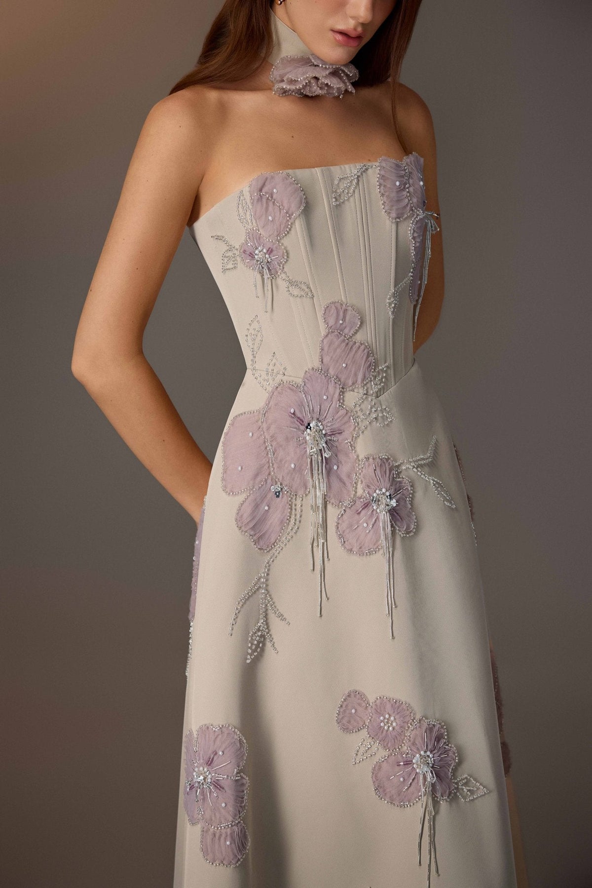 BEIGE FLORAL EMBROIDERED CORSET DRESS