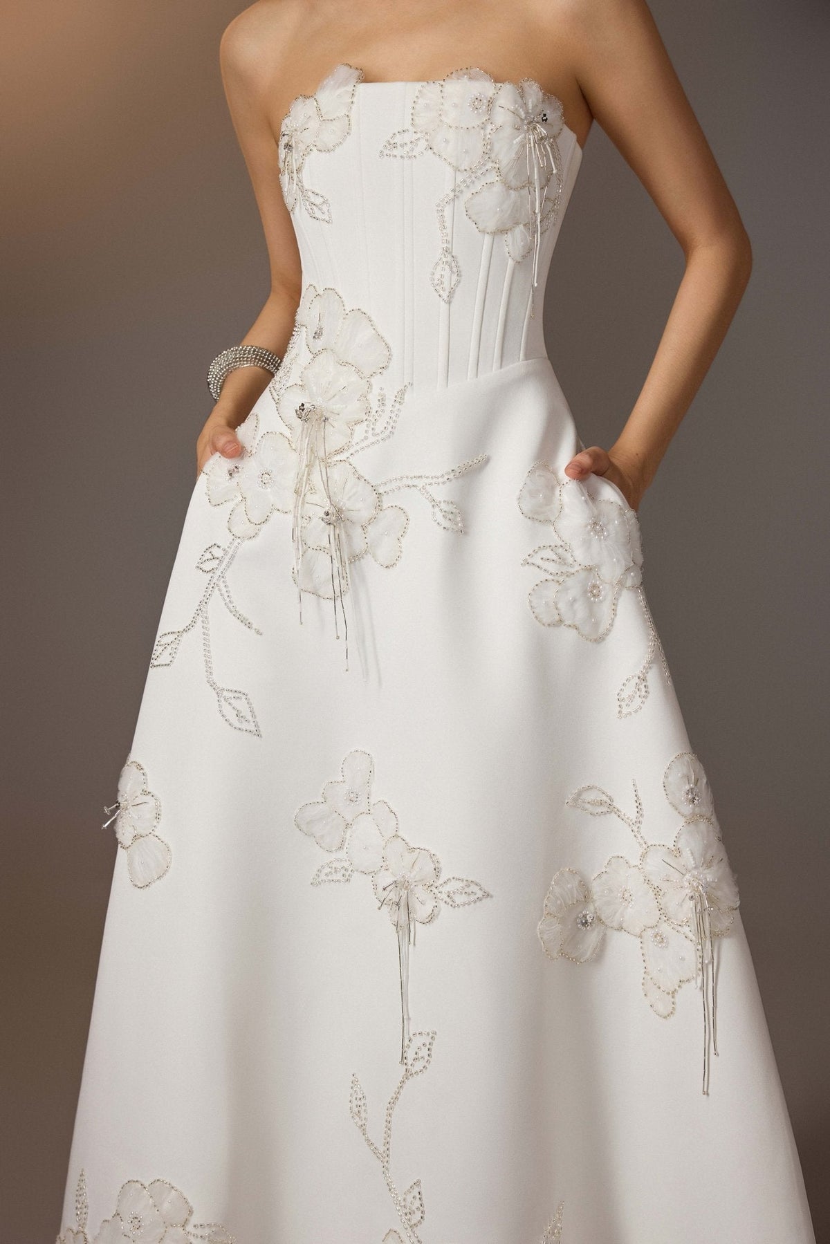 WHITE FLORAL EMBROIDERED CORSET DRESS
