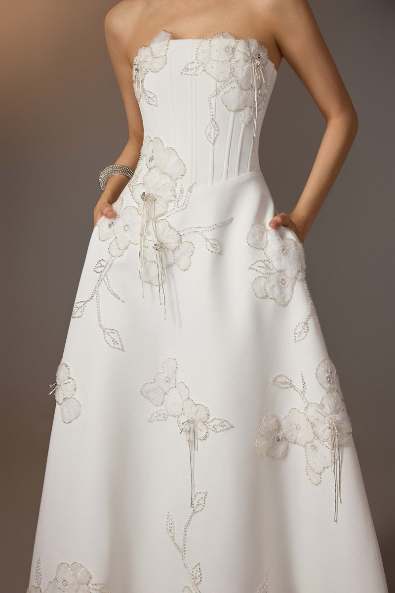 WHITE FLORAL EMBROIDERED CORSET DRESS