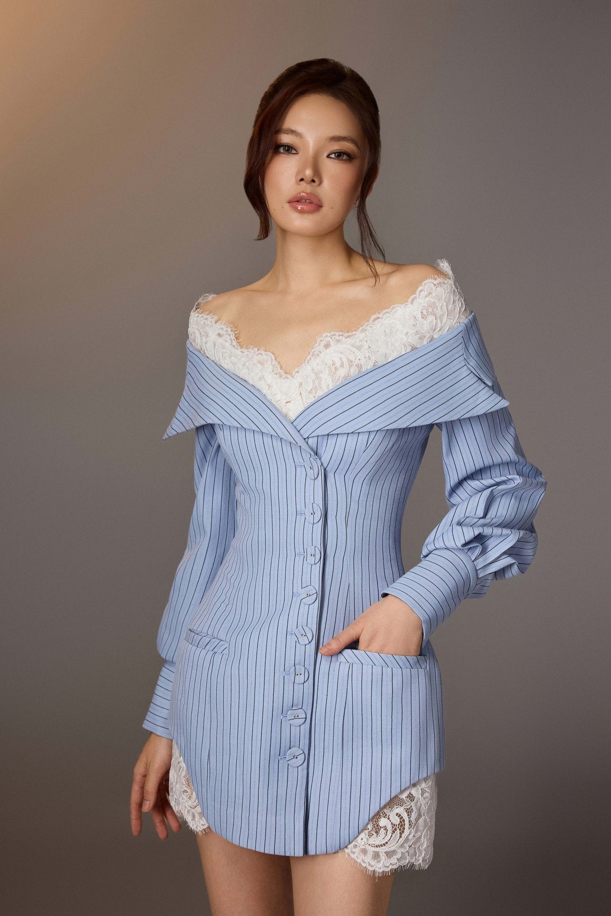 BLUE LACE TRIMMED DRESS