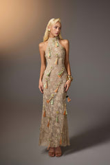 BROWN TASSEL EMBROIDERED DRESS